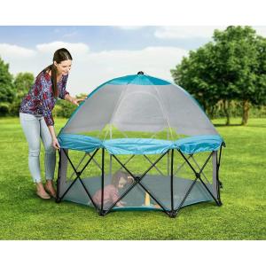 imageRegalo My Play Deluxe Portable Play Yard Indoor and OutdoorIncludes a Full Canopy Aqua 6Panel8 Panel  Canopy